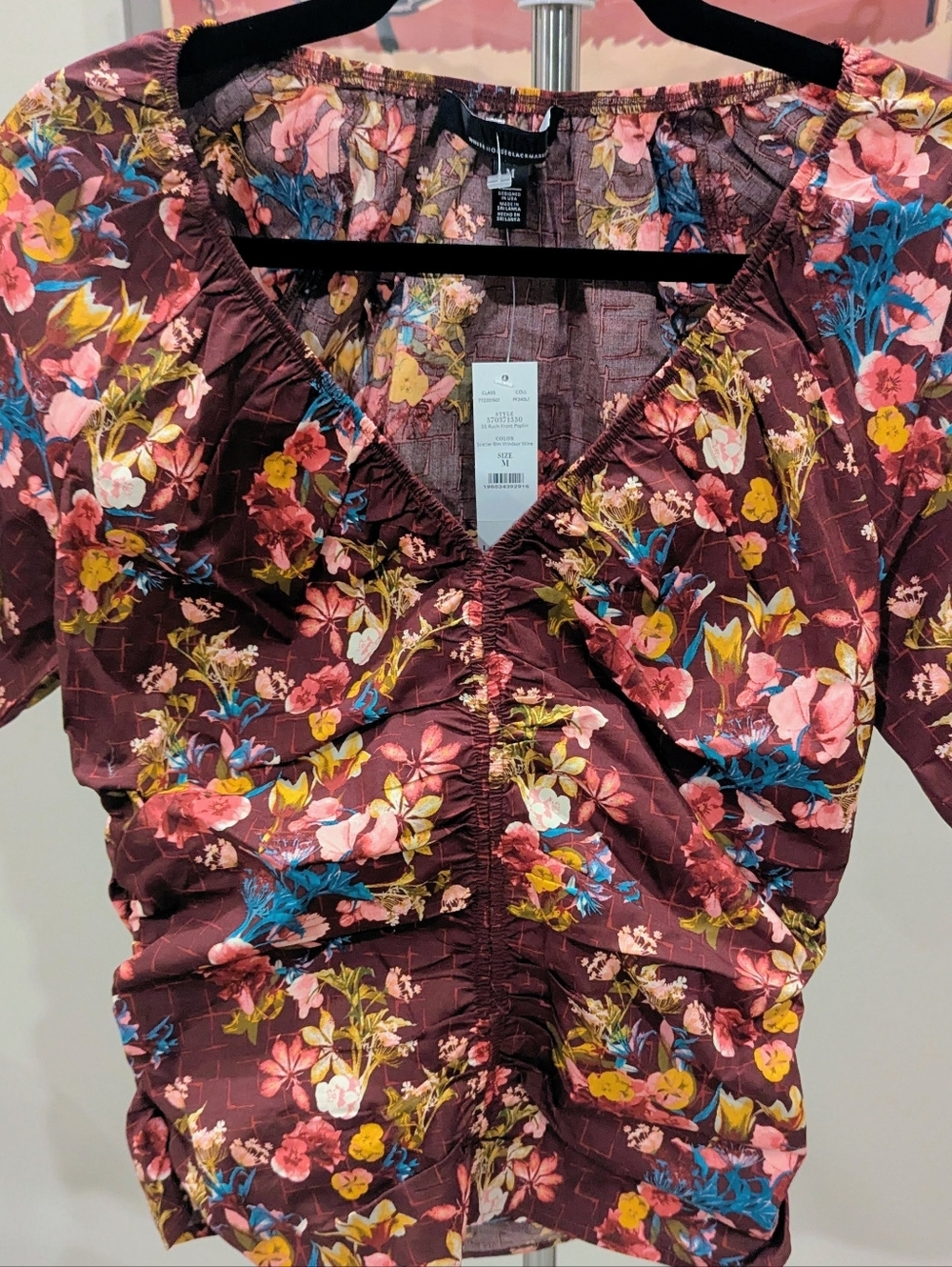 WHBM Floral Ruched V-Neck Blouse in Windsor Wine $40